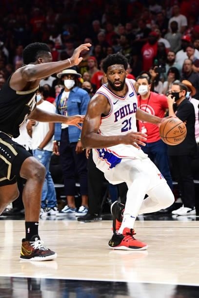 Joel Embiid of the Philadelphia 76ers handles the ball against the Atlanta Hawks during Round 2, Game 6 of the Eastern Conference Playoffs on June...
