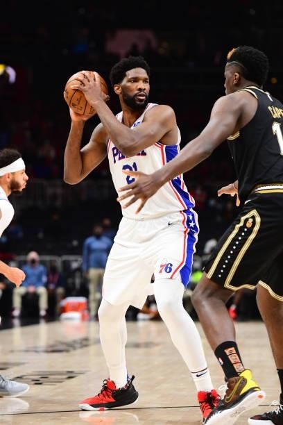 Joel Embiid of the Philadelphia 76ers looks to pass the ball against the Atlanta Hawks during Round 2, Game 6 of the Eastern Conference Playoffs on...