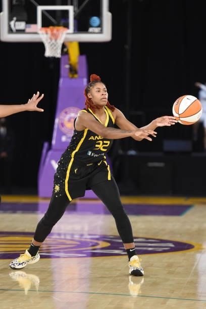 Bria Holmes of the Los Angeles Sparks passes the ball against the Phoenix Mercury on June 18, 2021 at the Los Angeles Convention Center in Los...