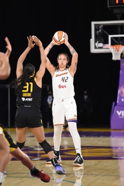 Brittney Griner of the Phoenix Mercury handles the ball against the Los Angeles Sparks on June 18, 2021 at the Los Angeles Convention Center in Los...