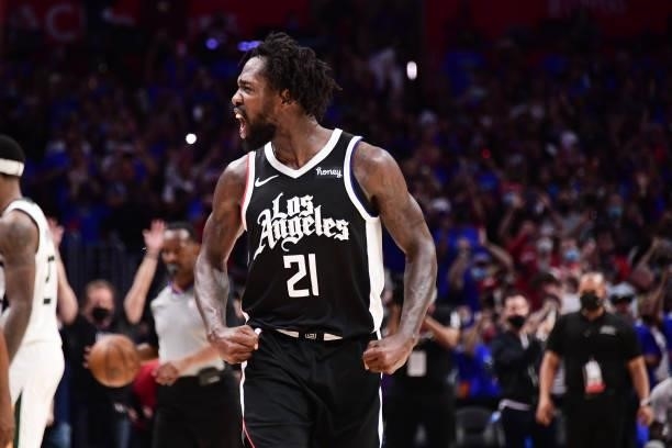 Patrick Beverley of the LA Clippers yells after the game against the Utah Jazz during Round 2, Game 6 of the 2021 NBA Playoffs on June 18, 2021 at...