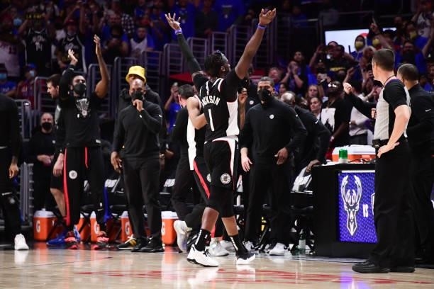 Reggie Jackson of the LA Clippers waves during the game against the Utah Jazz during Round 2, Game 6 of the 2021 NBA Playoffs on June 18, 2021 at...