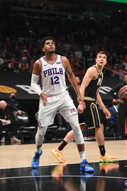 Tobias Harris of the Philadelphia 76ers looks to rebound against the Atlanta Hawks during Round 2, Game 6 of the Eastern Conference Playoffs on June...