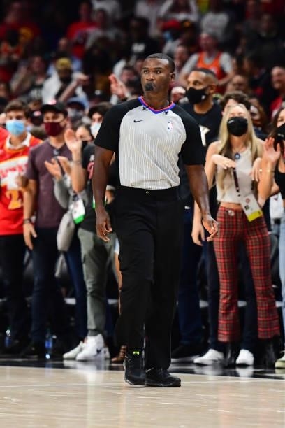 Referee, James Capers looks on during the game between the Philadelphia 76ers and the Atlanta Hawks during Round 2, Game 6 of the Eastern Conference...