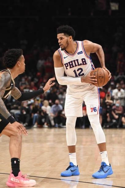 Tobias Harris of the Philadelphia 76ers handles the ball against the Atlanta Hawks during Round 2, Game 6 of the Eastern Conference Playoffs on June...