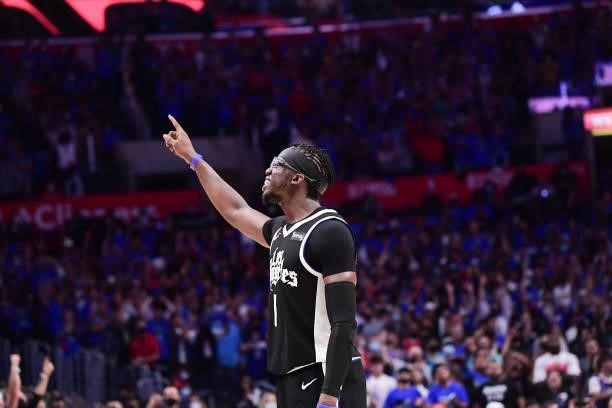 Reggie Jackson of the LA Clippers pumps up the crowd during the game against the Utah Jazz during Round 2, Game 6 of the 2021 NBA Playoffs on June...