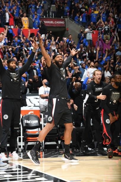 Marcus Morris Sr. #8 of the LA Clippers and teammates cheer during the game against the Utah Jazz during Round 2, Game 6 of the 2021 NBA Playoffs on...