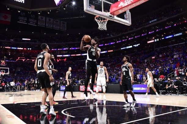 Daniel Oturu of the LA Clippers rebounds the ball during the game against the Utah Jazz during Round 2, Game 6 of the 2021 NBA Playoffs on June 18,...