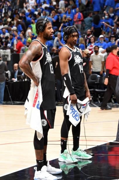 Paul George and Terance Mann of the LA Clippers are interviewed after the game against the Utah Jazz during Round 2, Game 6 of the 2021 NBA Playoffs...