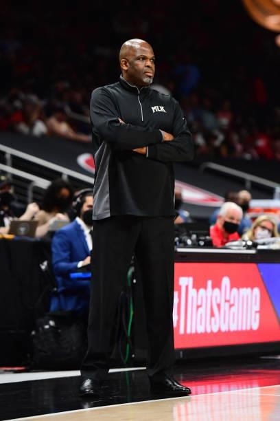 Head Coach, Nate McMillan of the Atlanta Hawks looks on during the game against the Philadelphia 76ers during Round 2, Game 6 of the Eastern...