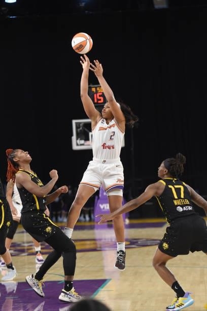 Megan Walker of the Phoenix Mercury shoots the ball against the Los Angeles Sparks on June 18, 2021 at the Los Angeles Convention Center in Los...