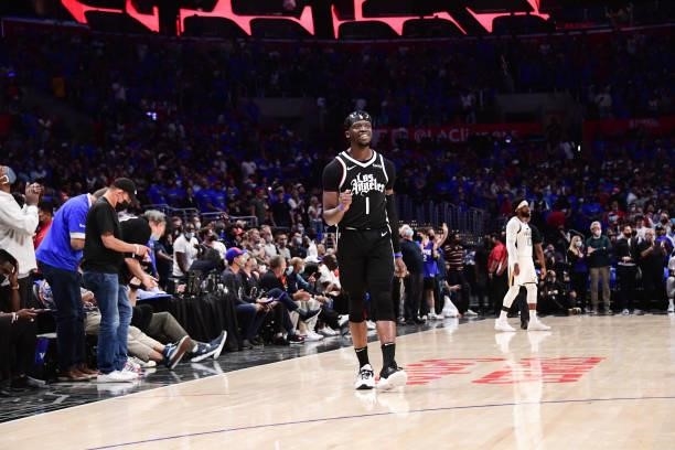 Reggie Jackson of the LA Clippers smiles during the game against the Utah Jazz during Round 2, Game 6 of the 2021 NBA Playoffs on June 18, 2021 at...