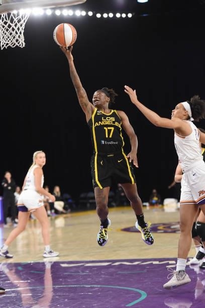 Erica Wheeler of the Los Angeles Sparks drives to the basket against the Phoenix Mercury on June 18, 2021 at the Los Angeles Convention Center in Los...
