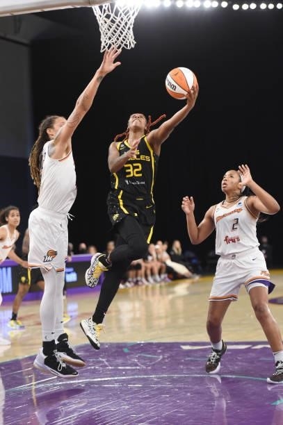Bria Holmes of the Los Angeles Sparks drives to the basket against the Phoenix Mercury on June 18, 2021 at the Los Angeles Convention Center in Los...