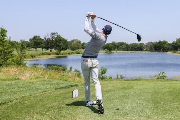 Jared Wolfe plays his shot from the 7th tee during the second round of the Wichita Open Benefitting KU Wichita Pediatrics at Crestview Country Club...