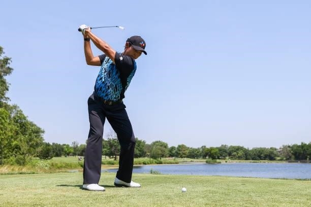 Whee Kim plays his shot from the 7th tee during the second round of the Wichita Open Benefitting KU Wichita Pediatrics at Crestview Country Club on...