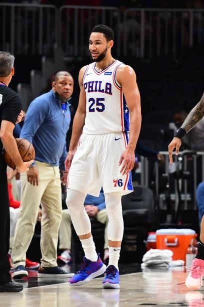 Ben Simmons of the Philadelphia 76ers smiles during the game against the Atlanta Hawks during Round 2, Game 6 of the Eastern Conference Playoffs on...