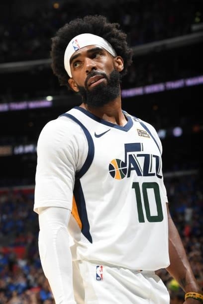 Mike Conley of the Utah Jazz looks on during the game against the LA Clippers during Round 2, Game 6 of the 2021 NBA Playoffs on June 18, 2021 at...