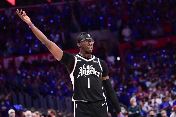 Reggie Jackson of the LA Clippers pumps up the crowd during the game against the Utah Jazz during Round 2, Game 6 of the 2021 NBA Playoffs on June...
