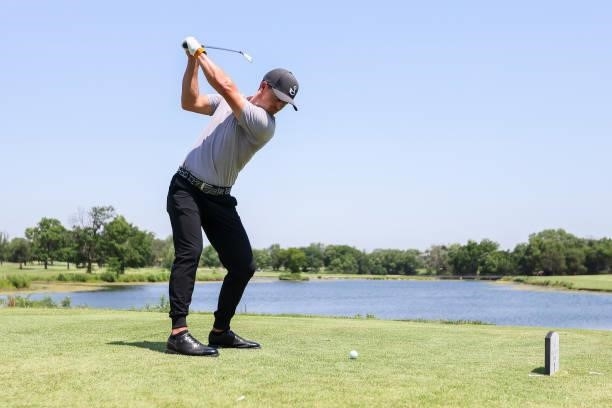 Blayne Barber plays his shot from the 7th tee during the second round of the Wichita Open Benefitting KU Wichita Pediatrics at Crestview Country Club...