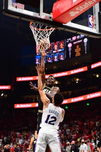 Clint Capela of the Atlanta Hawks shoots the ball against the Philadelphia 76ers during Round 2, Game 6 of the Eastern Conference Playoffs on June...