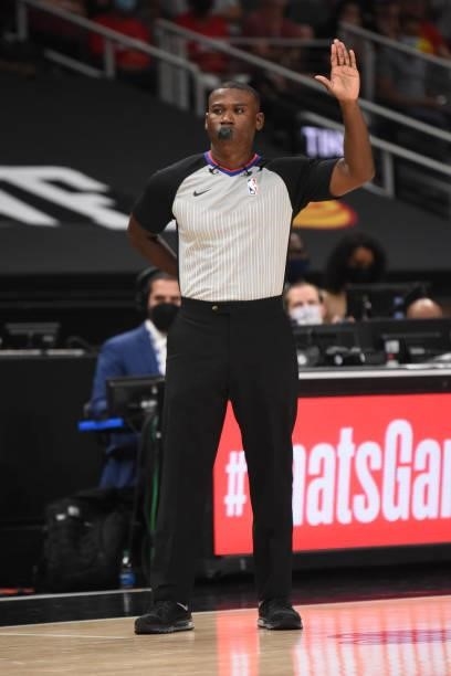 Referee James Williams during Round 2, Game 6 of the Eastern Conference Playoffs on June 18, 2021 at State Farm Arena in Atlanta, Georgia. NOTE TO...