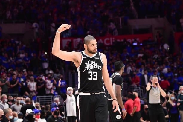 Nicolas Batum of the LA Clippers pumps up the crowd during the game against the Utah Jazz during Round 2, Game 6 of the 2021 NBA Playoffs on June 18,...