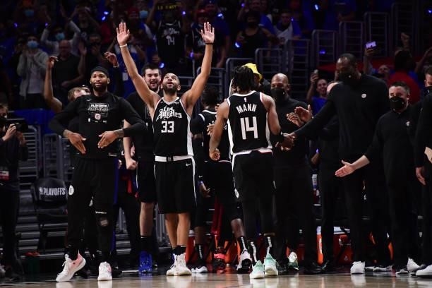 Nicolas Batum of the LA Clippers reacts during the game against the Utah Jazz during Round 2, Game 6 of the 2021 NBA Playoffs on June 18, 2021 at...