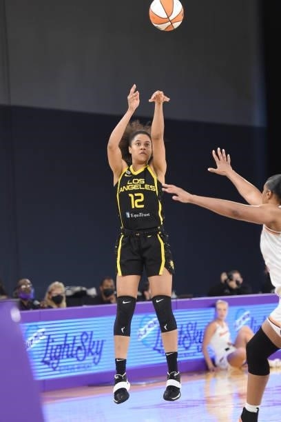 Nia Coffey of the Los Angeles Sparks shoots the ball against the Phoenix Mercury on June 18, 2021 at the Los Angeles Convention Center in Los...