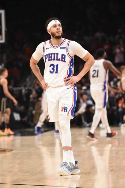 Seth Curry of the Philadelphia 76ers looks on during Round 2, Game 6 of the Eastern Conference Playoffs on June 18, 2021 at State Farm Arena in...