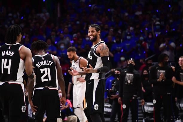 Paul George of the LA Clippers smiles during the game against the Utah Jazz during Round 2, Game 6 of the 2021 NBA Playoffs on June 18, 2021 at...