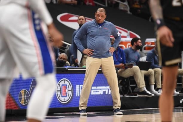 Head Coach Doc Rivers of the Philadelphia 76ers looks on during Round 2, Game 6 of the Eastern Conference Playoffs on June 18, 2021 at State Farm...
