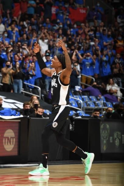 Terance Mann of the LA Clippers celebrates during the game against the Utah Jazz during Round 2, Game 6 of the 2021 NBA Playoffs on June 18, 2021 at...