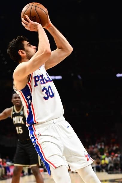 Furkan Korkmaz of the Philadelphia 76ers shoots the ball against the Atlanta Hawks during Round 2, Game 6 of the Eastern Conference Playoffs on June...