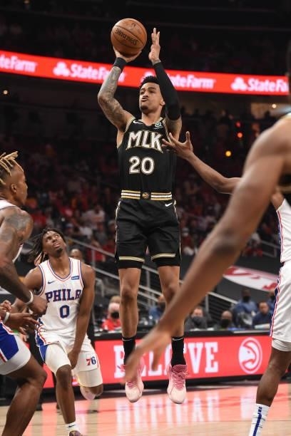 John Collins of the Atlanta Hawks shoots the ball against the Philadelphia 76ers during Round 2, Game 6 of the Eastern Conference Playoffs on June...