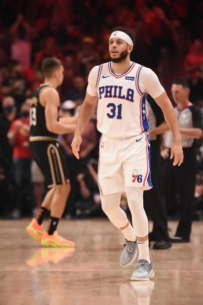 Seth Curry of the Philadelphia 76ers looks on during a game against the Atlanta Hawks during Round 2, Game 6 of the Eastern Conference Playoffs on...