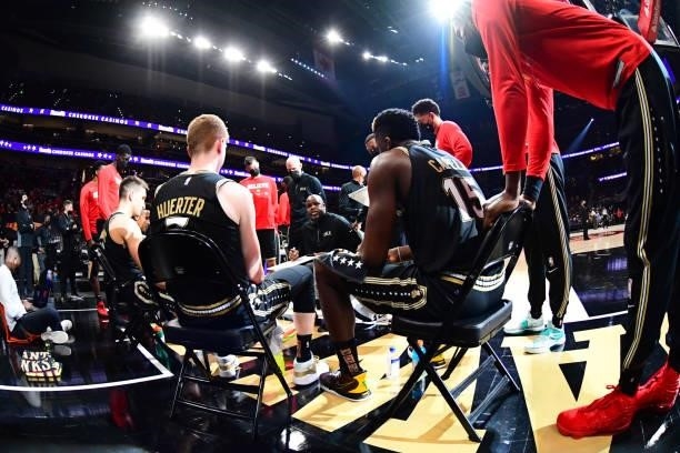The Atlanta Hawks talk during a time out during the game against the Philadelphia 76ers Round 2, Game 6 of the Eastern Conference Playoffs on June...