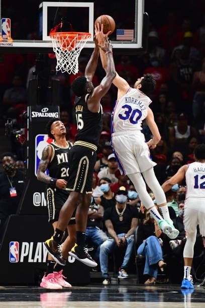 Furkan Korkmaz of the Philadelphia 76ers shoots the ball against the Atlanta Hawks during Round 2, Game 6 of the Eastern Conference Playoffs on June...