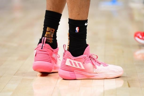 The sneakers worn by John Collins of the Atlanta Hawks during the game against the Philadelphia 76ers during Round 2, Game 6 of the Eastern...