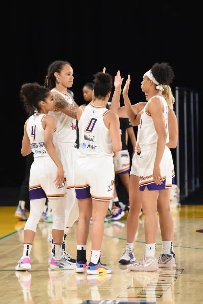 The Phoenix Mercury huddle up during the game against the Los Angeles Sparks on June 18, 2021 at the Los Angeles Convention Center in Los Angeles,...