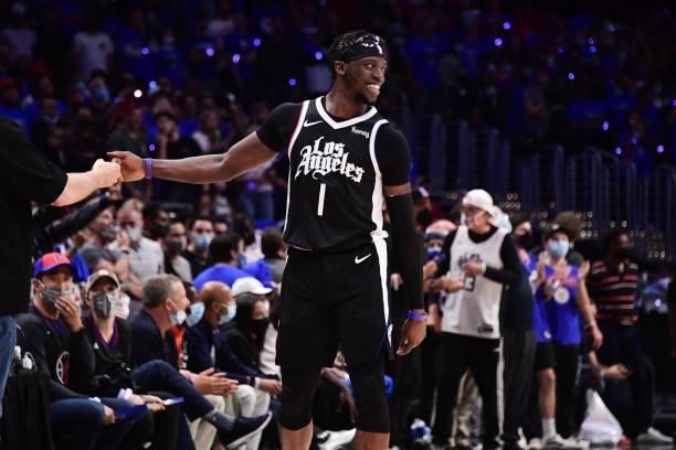 Reggie Jackson of the LA Clippers smiles during the game against the Utah Jazz during Round 2, Game 6 of the 2021 NBA Playoffs on June 18, 2021 at...
