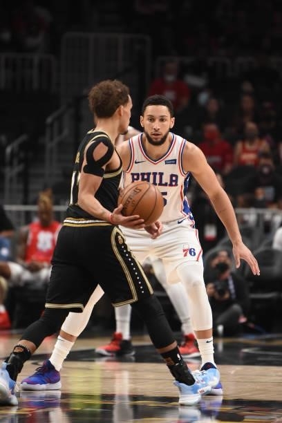Ben Simmons of the Philadelphia 76ers plays defense against Trae Young of the Atlanta Hawks during Round 2, Game 6 of the Eastern Conference Playoffs...