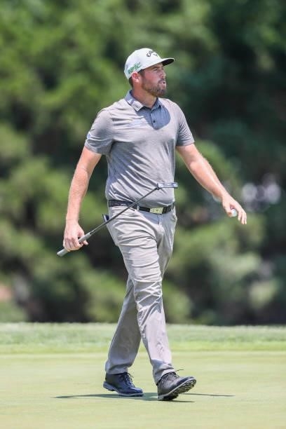 Brad Brunner looks on from the 18th green during the second round of the Wichita Open Benefitting KU Wichita Pediatrics at Crestview Country Club on...