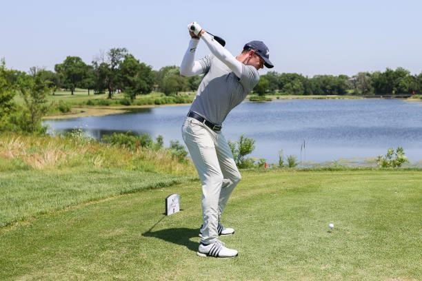 Jared Wolfe plays his shot from the 7th tee during the second round of the Wichita Open Benefitting KU Wichita Pediatrics at Crestview Country Club...