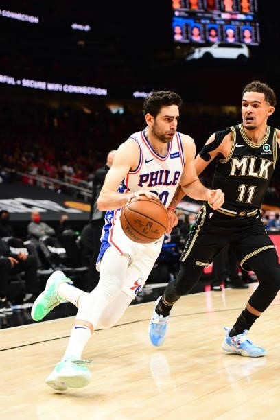 Furkan Korkmaz of the Philadelphia 76ers drives to the basket against the Atlanta Hawks during Round 2, Game 6 of the Eastern Conference Playoffs on...