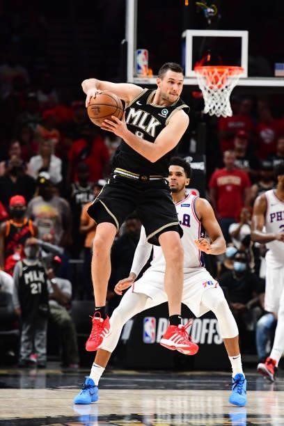 Danilo Gallinari of the Atlanta Hawks grabs the ball during the game against the Philadelphia 76ers during Round 2, Game 6 of the Eastern Conference...