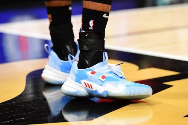 The sneakers worn by Trae Young of the Atlanta Hawks during the game against the Philadelphia 76ers during Round 2, Game 6 of the Eastern Conference...