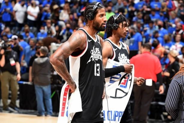 Paul George and Terance Mann of the LA Clippers are interviewed after the game against the Utah Jazz during Round 2, Game 6 of the 2021 NBA Playoffs...