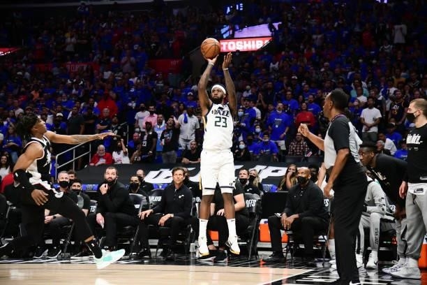 Royce O'Neale of the Utah Jazz shoots the ball during the game against the LA Clippers during Round 2, Game 6 of the 2021 NBA Playoffs on June 18,...