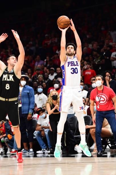 Furkan Korkmaz of the Philadelphia 76ers shoots a 3-pointer against the Atlanta Hawks during Round 2, Game 6 of the Eastern Conference Playoffs on...